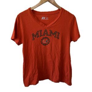 University Of Miami Women's Russell 100% Cotton V Neck Short Sleeve T-shirt M